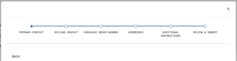 image of header. looks like a timeline with circles filling in as info is completed. below the heading is a back button in plain text on the left