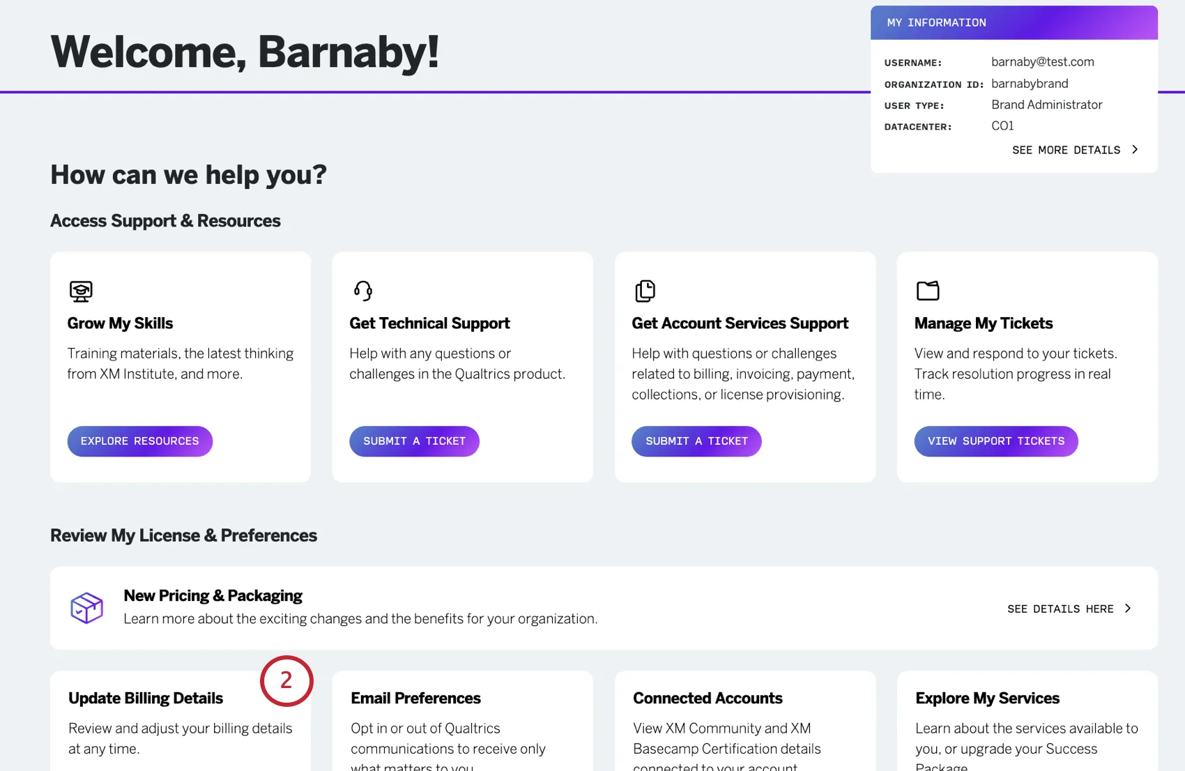 page daccueil du hub, bouton "détails de la facturation" en bas surligné