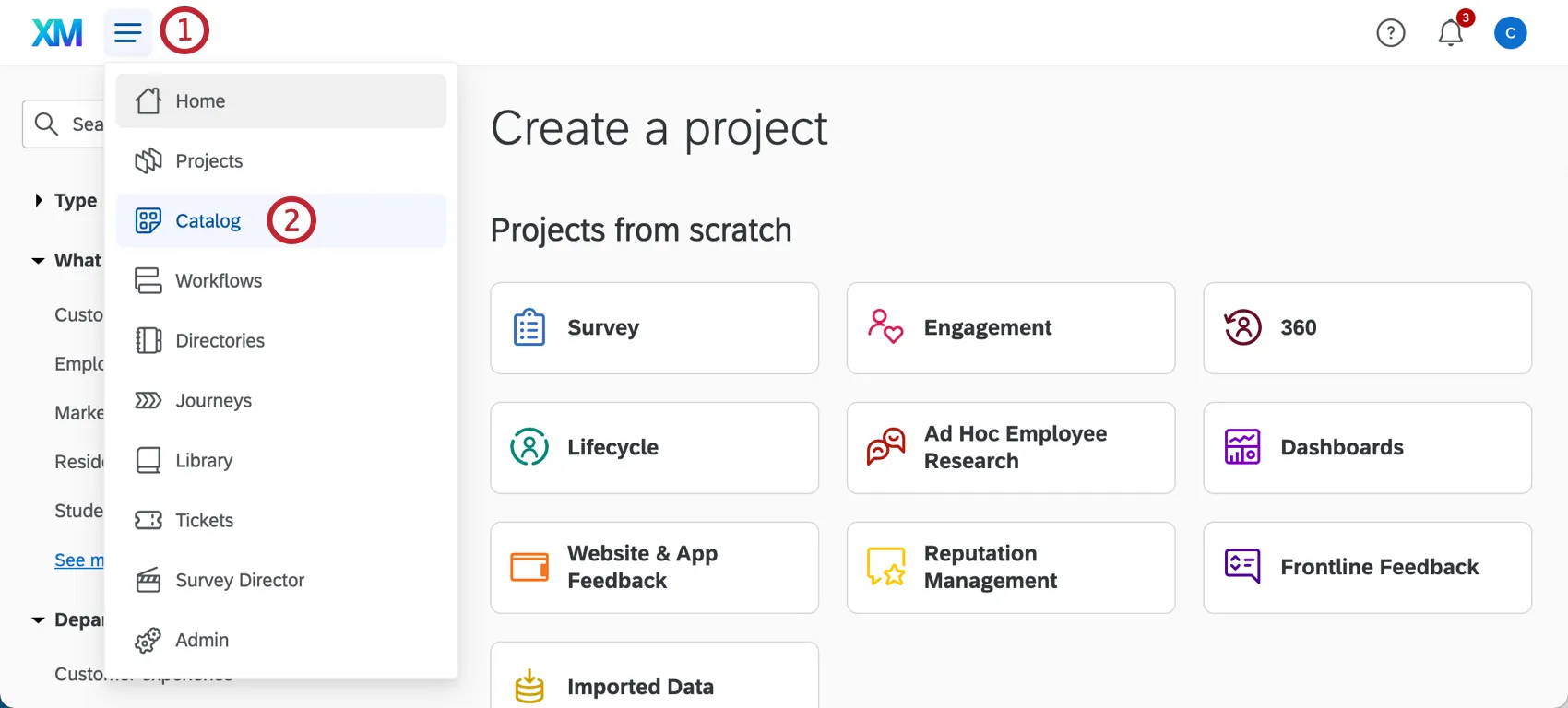 Image dune icône de hamburger de navigation globale développée à côté du logo xm pour révéler loption Catalogue