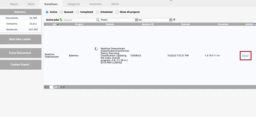 haciendo clic en detener siguiente a un flujo de datos