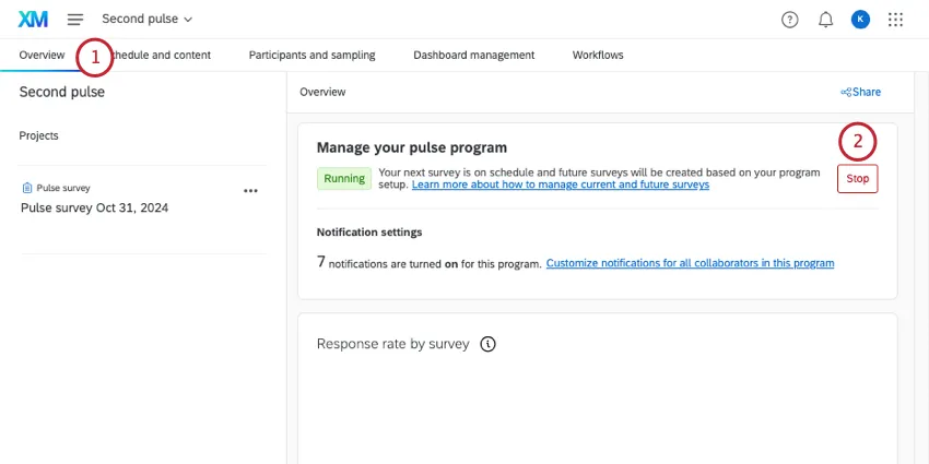 stop button on overview tab