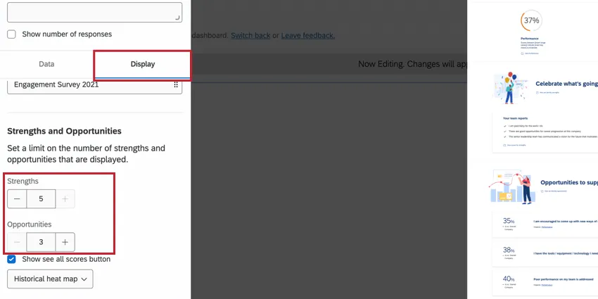alterar o número de oportunidades e pontos fortes exibidos no widget
