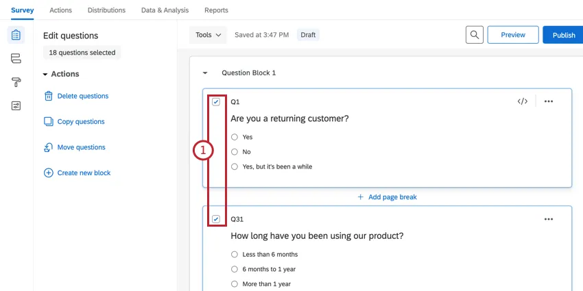 selecting multiple questions in the survey editor