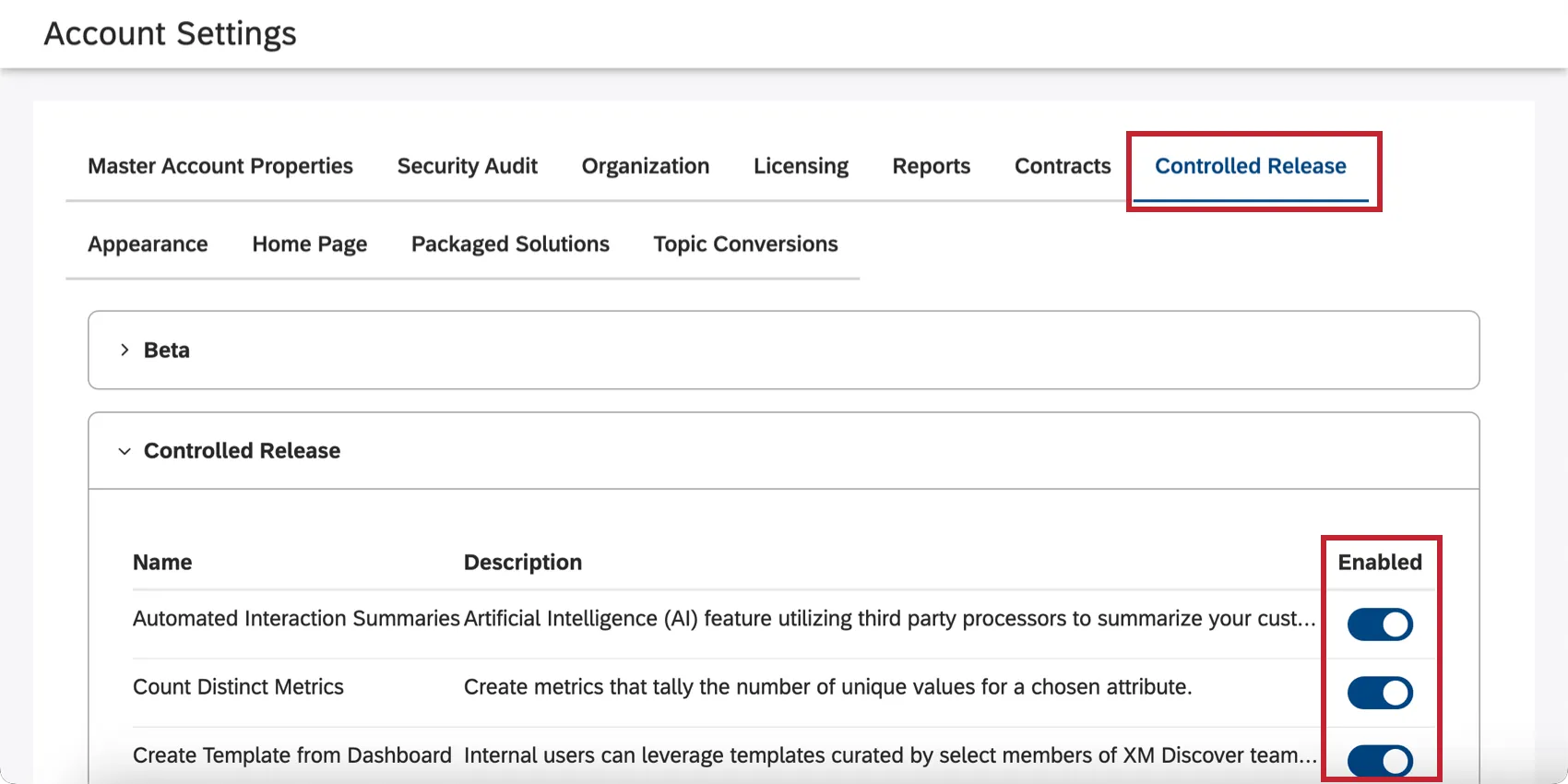 The Controlled Release section of account settings in studio
