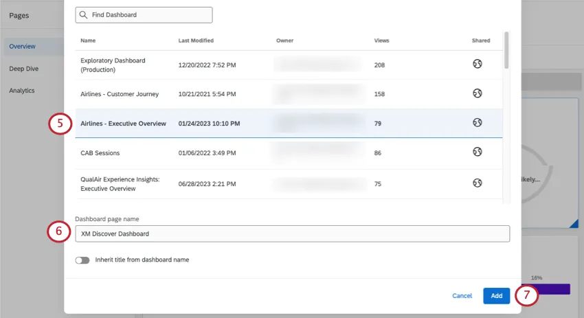Finestra che mostra i dashboard ai quali si ha accesso