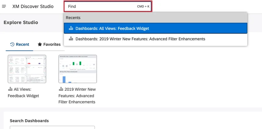 the search bar is at the top of the page in Studio