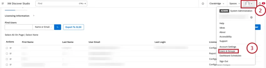 users and groups tab in menu