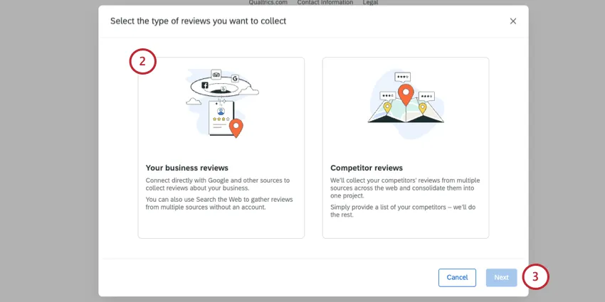 modal shows two options - your business reviews and competitor reviews. business reviews option is highlighted