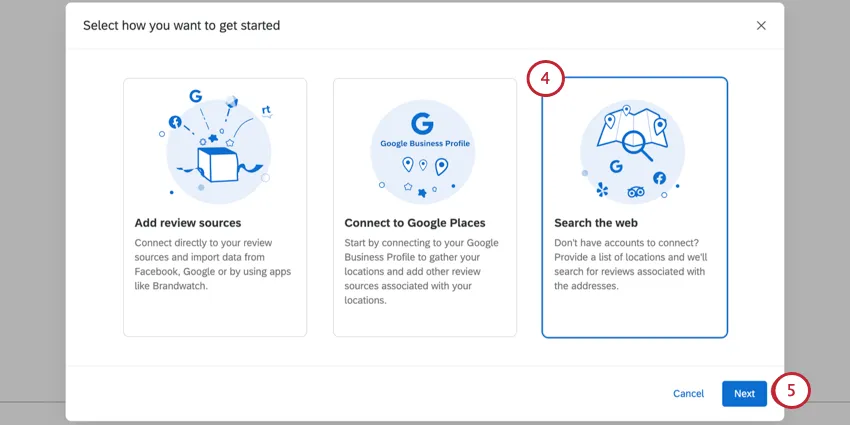3 options in a modal, and the last one, search the web, is highlighted