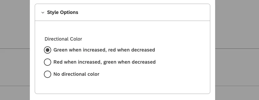 Para atributos numéricos e sentimento, você pode escolher entre as seguintes cores direcionais: Verde quando aumenta, vermelho quando diminui. Vermelho quando aumenta, verde quando diminui. Nenhuma cor direcional.