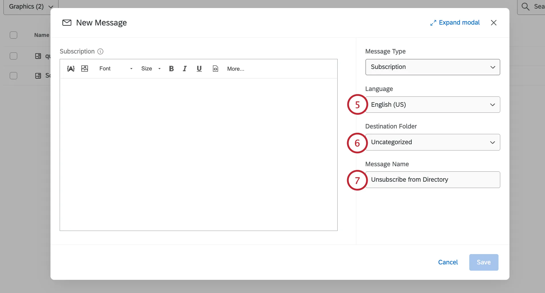 choosing a language, folder, and title for the message