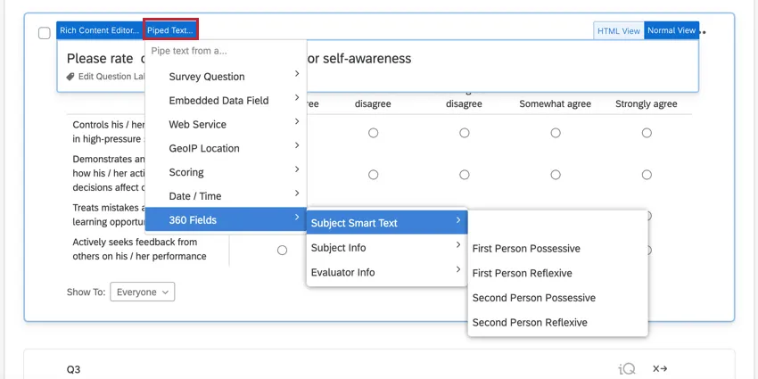 en utilisant le menu du texte inséré pour sélectionner le texte intelligent de la personne évaluée