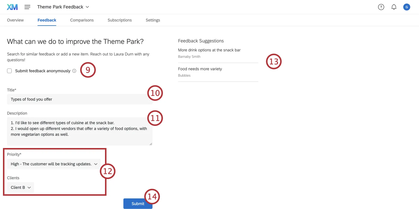 Submitting feedback with a feedback form; each field is indicated