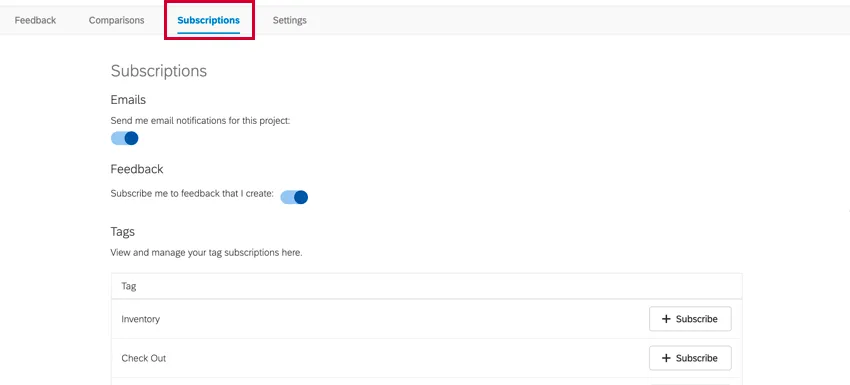 the subscriptions tab of a frontline feedback project
