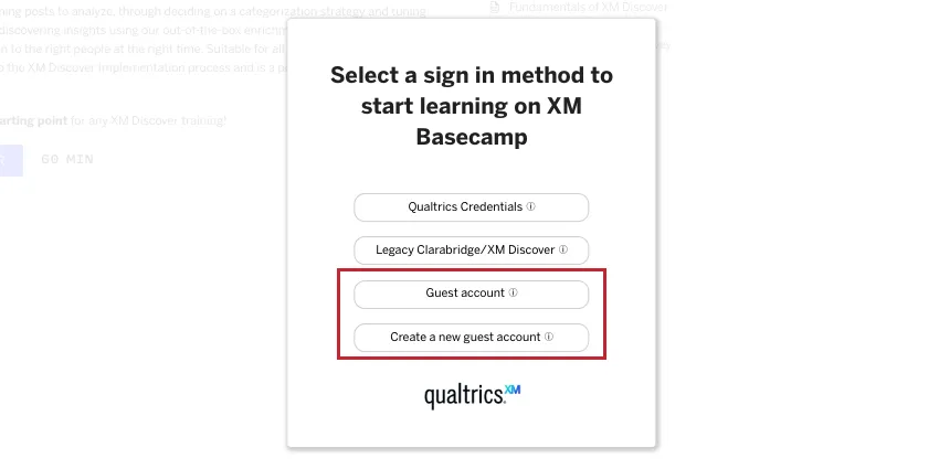 window where you select login method for basecamp includes guest options