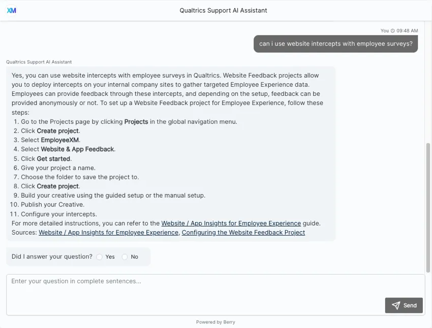 image of the chatbot in the hub explaining to a customer how to use website insights with employee experience