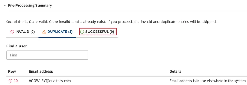 The number of successful entries will be listed in the SUCCESSFUL tab.