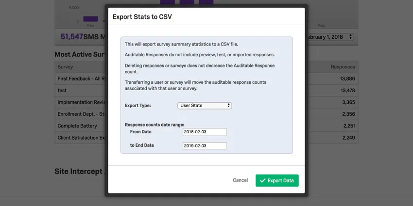 Blue box with export time, time range options, green export button lower-right