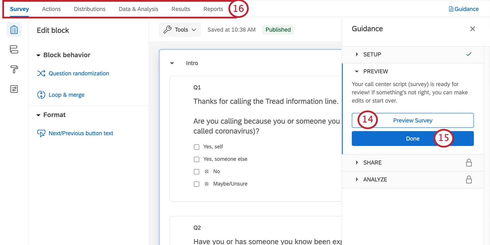 Survey builder open with a guidance sidebar to the right that takes you through key steps