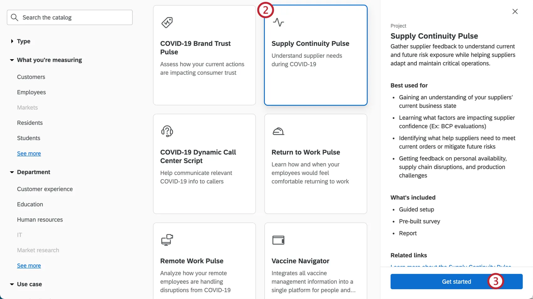Image of catalog, selecting the described project, seeing a sidebar open on the right describing it, ending with a button to get started creating it