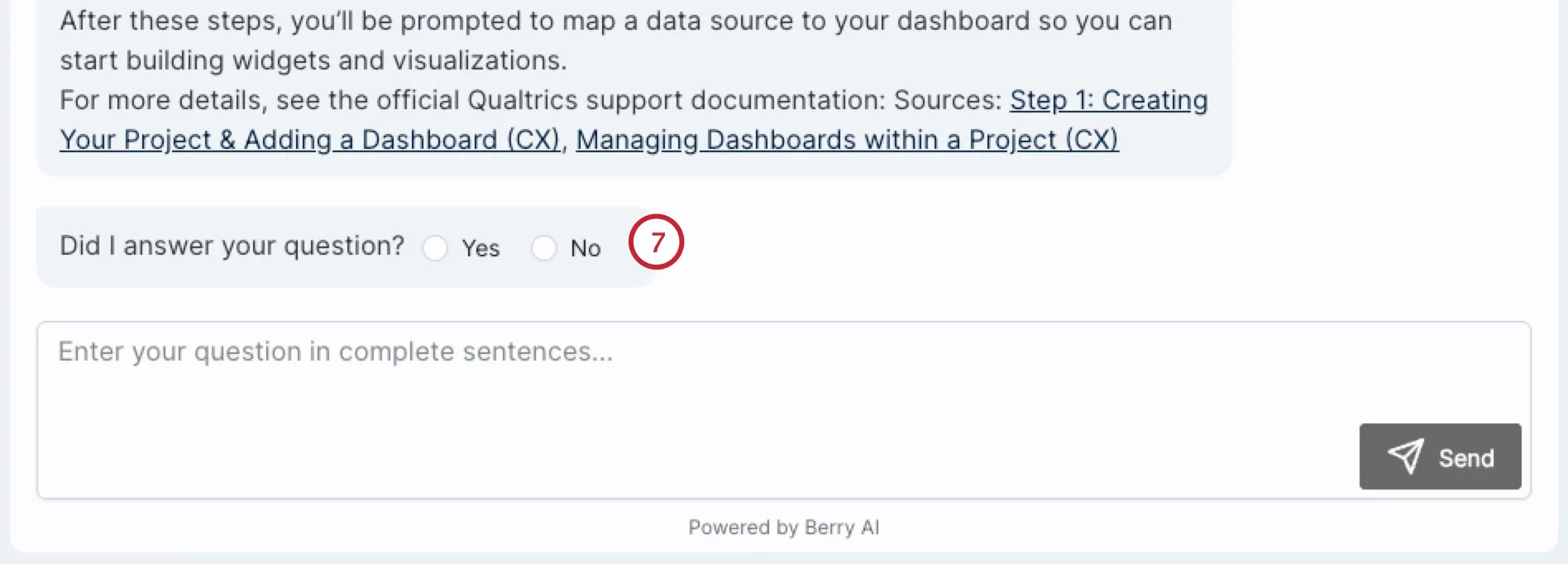 button to confirm whether the chatbot response answered your question
