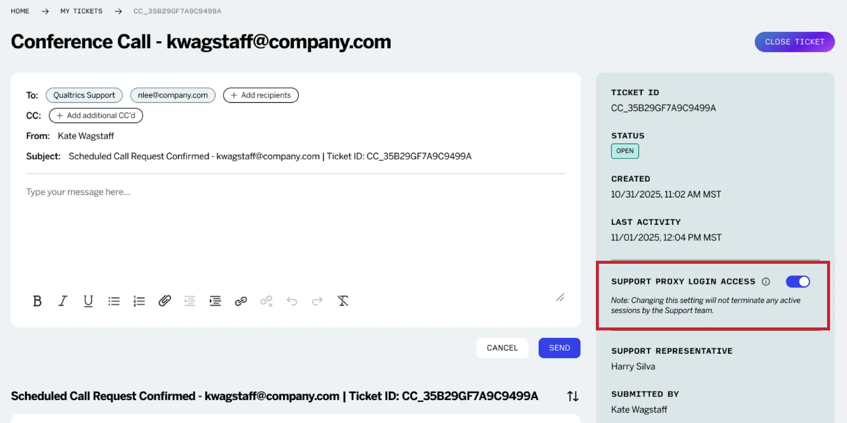 limpostazione del login proxy su un ticket di supporto