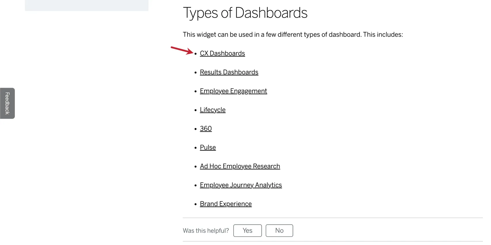 imagem de uma página de suporte com uma seção denominada tipos de painéis. essa seção mostra uma lista de painéis compatíveis, incluindo CX Dashboards