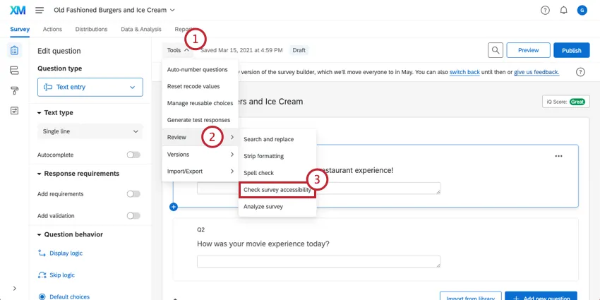 Controllare limpostazione di accessibilità del sondaggio nel menu Strumenti delleditor del sondaggio
