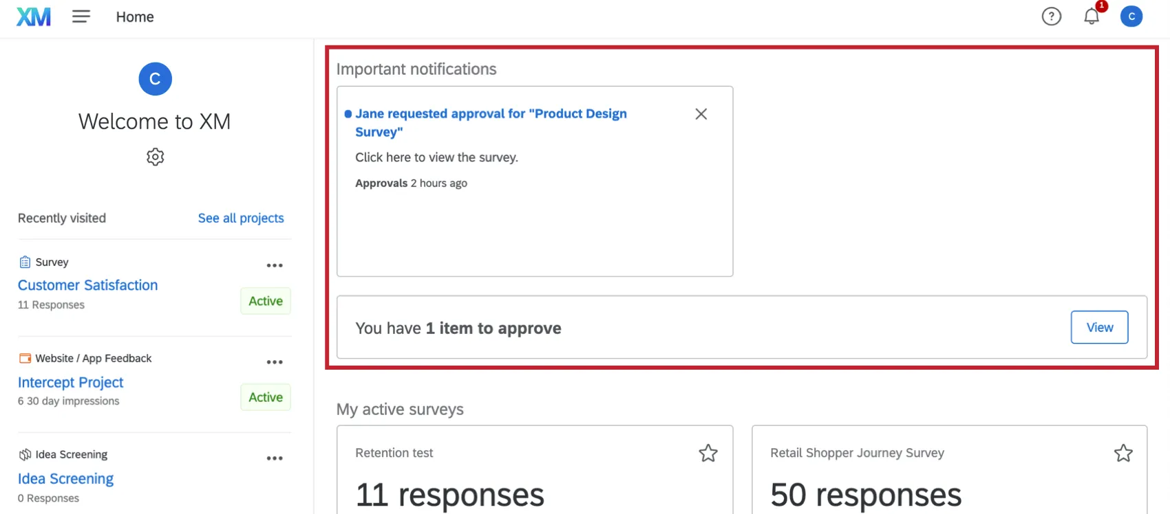 image of the survey approval window at the top of the home page