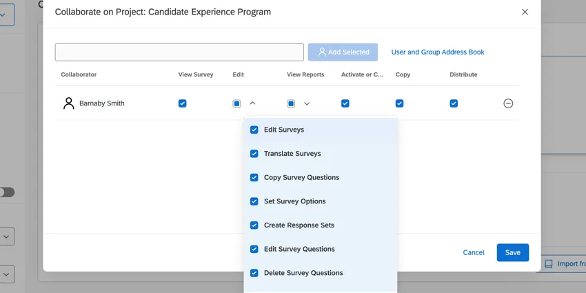 the collaborating window showing the different available permissions