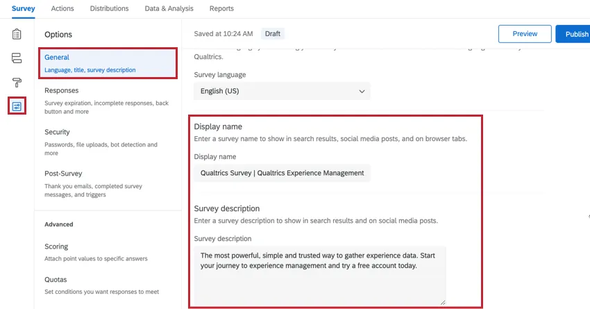 Navegando hasta la configuración de mostrar nombre y descripciones de la encuesta en la sección general de opciones de la encuesta