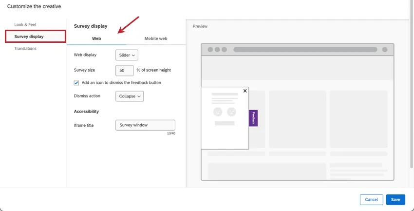Seção de exibição Pesquisa para o botão de feedback na Web