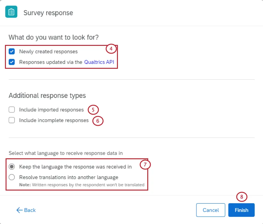choosing the type of survey response event and how to handle multi language responses