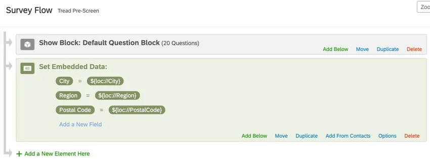 Survey flow open, green embedded data element at the end
