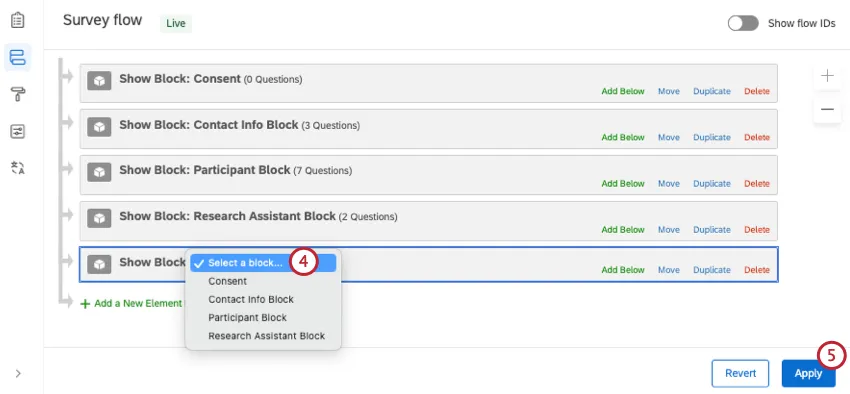 アンケートフローにブロックを追加する場合にドロップダウンメニューからブロックを選択する