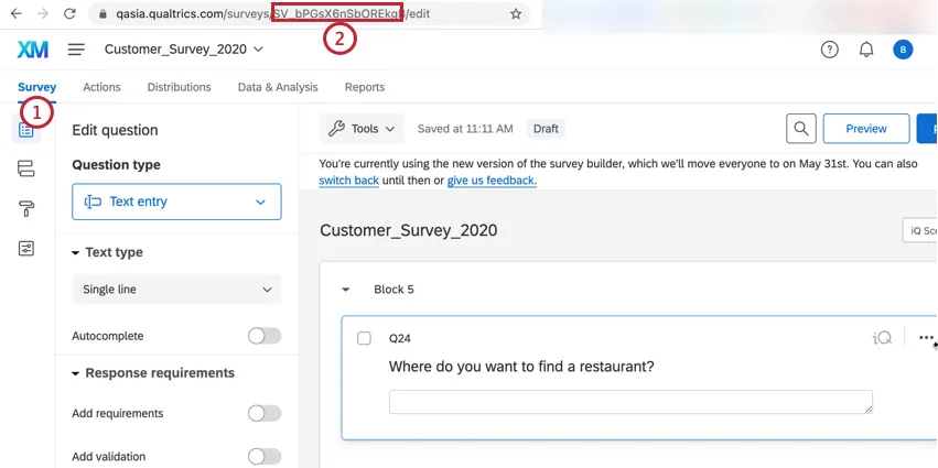 finding the survey ID in the web browser url