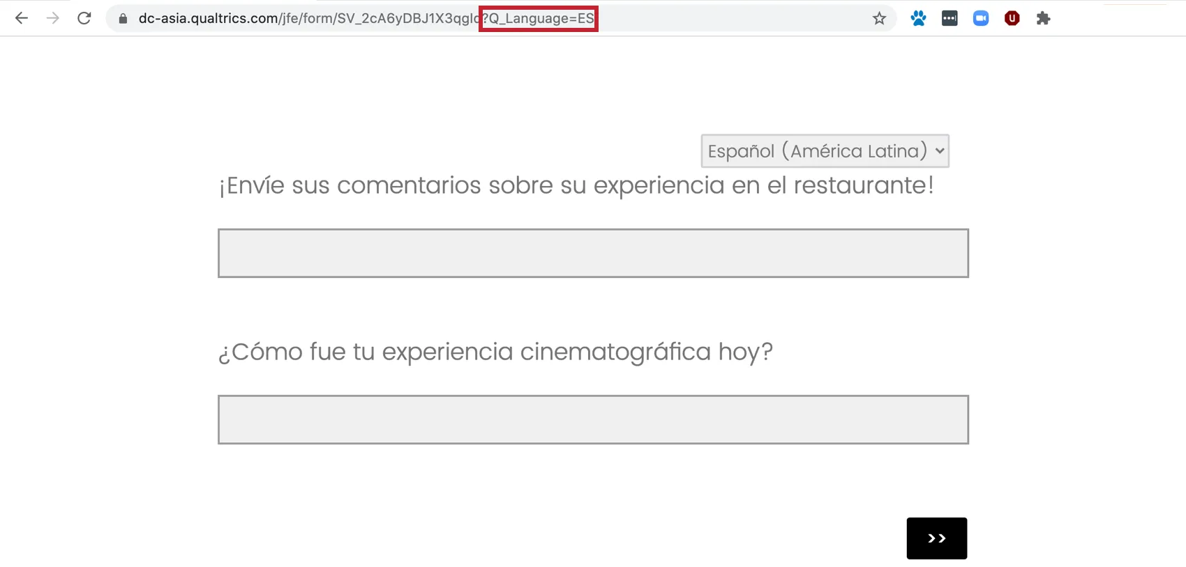 A query string at the end of a survey link that says question mark, then Q, underscore, Language (captilzaied), equals ES (capital letters)