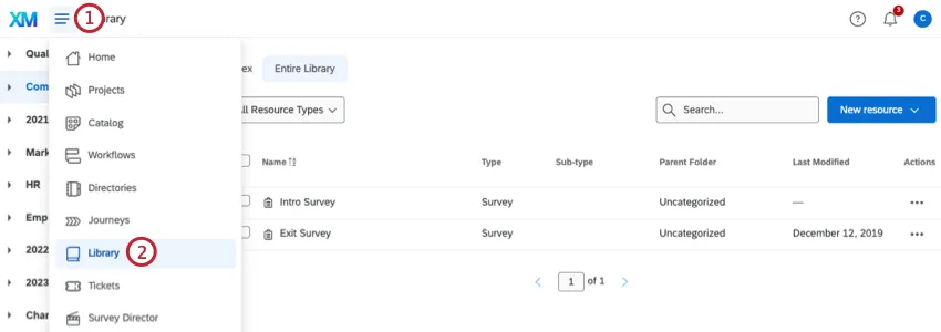 navigating to the library by clicking the navigation menu in the top right and selecting library