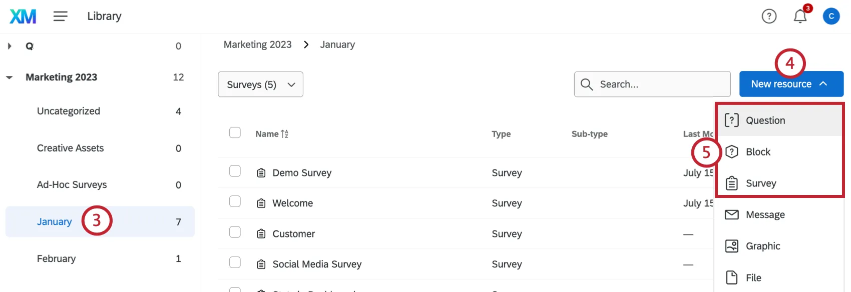 new resource button with survey options highlighted