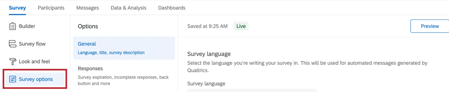 Survey Options button in the Survey tab