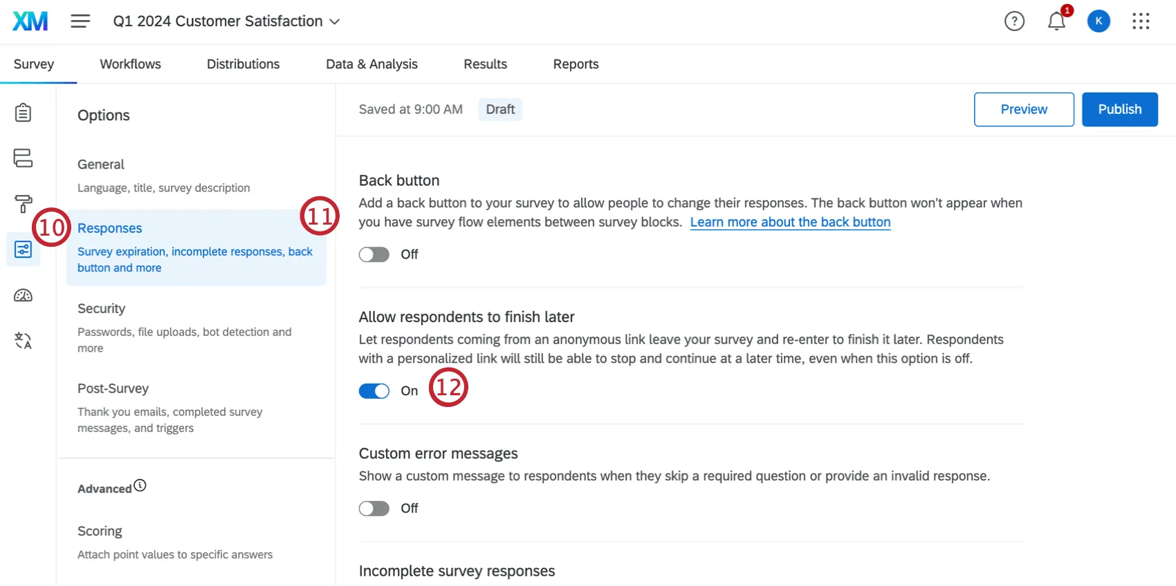 Survey options, responses section with the allow respondents to finish later setting turned on and highlighted