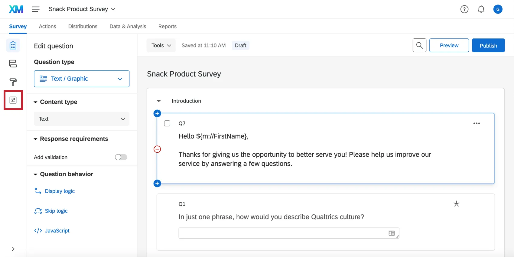 Survey options in the survey editor