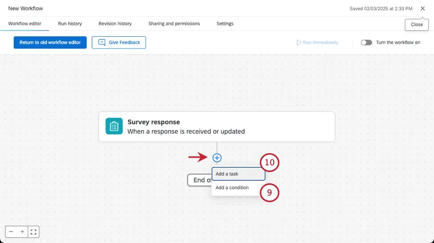 the survey response event is laid over a gray editor where you can click a plus sign to add more to it