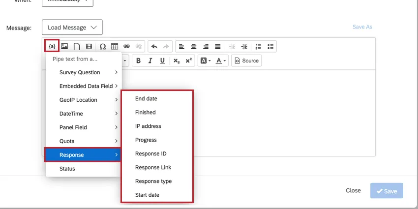 using the piped text menu for a task triggered by a survey response event
