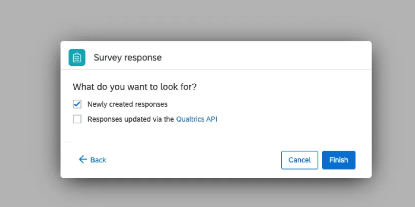 in a survey response event, choosing to trigger based on new responses or updates ones
