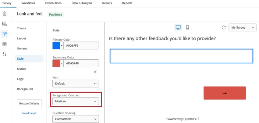 the foreground contrast option in the style section of look and feel