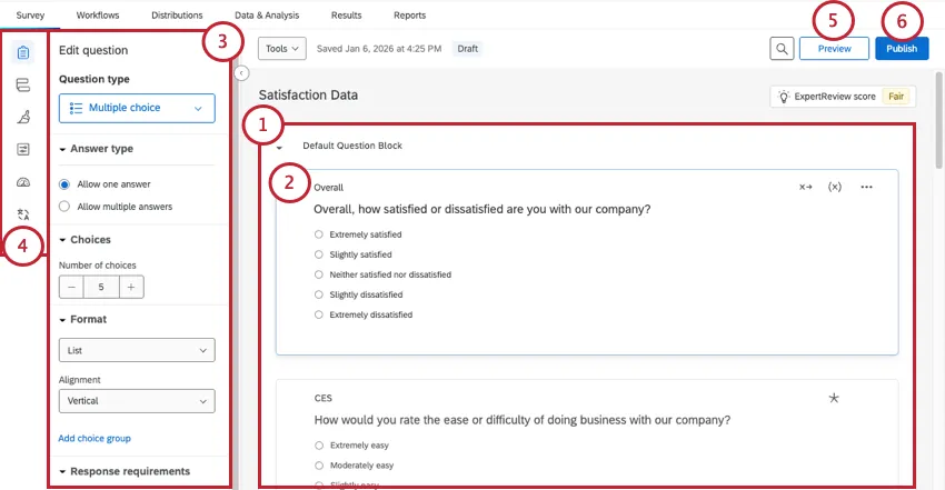 imagen numerada que muestra cómo navegar por el generador de encuestas.