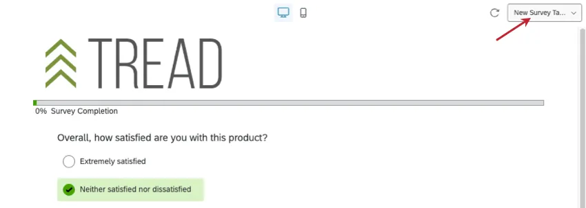 mit der Dropdown-Liste oben rechts in der Designvorlage für die Umfragenvorschau können Sie zwischen den Umfragen wechseln