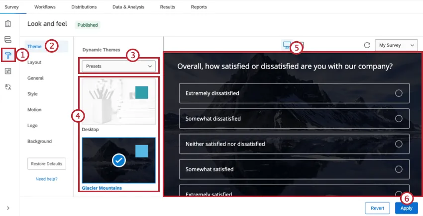 adding a survey theme by opening look & feel, selecting theme, choosing the library, and then choosing a theme.