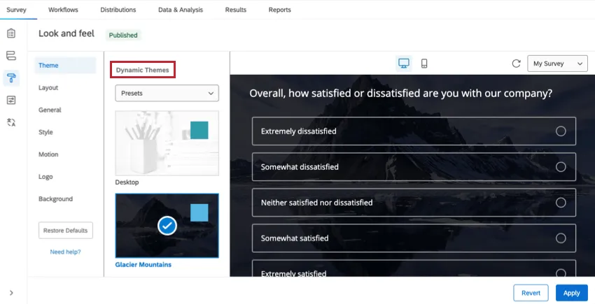 a seção de temas dinâmicos da guia de temas